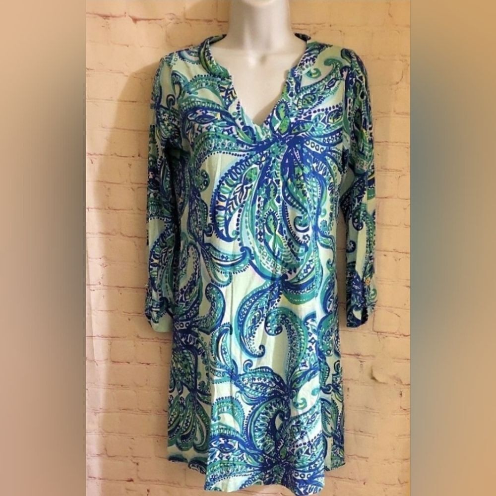 Lilly Pulitzer "Brewster" Blue Floral Print  V-Neck Classic Shift Dress  sz.XS